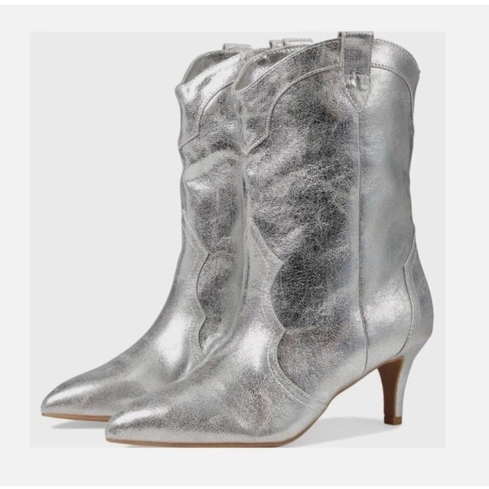 Dolce Vita Andres Western Heeled Mid Boots Metallic Silver Sz 8 NWOB Kitten Heel